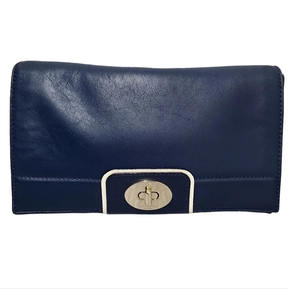 KATE SPADE Navy Leather Crossbody Clutch Silver Turnlock